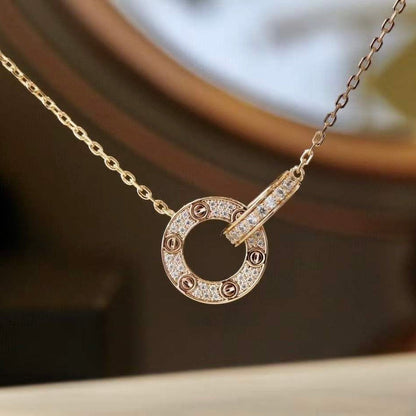 [Am jewelry]LOVE 7.6MM NECKLACE ROSE GOLD AND SILVER  FULL DIAMOND