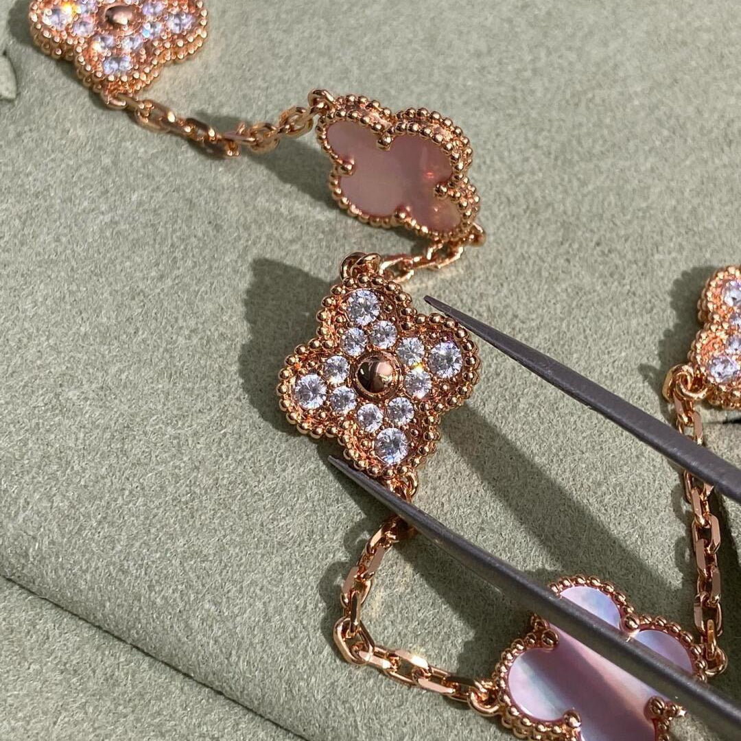 [Am jewelry]CLOVER 10 MOTIFS DIAMOND PINK MOP NECKLACE