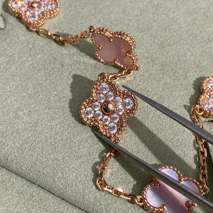 [Am jewelry]CLOVER 10 MOTIFS DIAMOND PINK MOP NECKLACE