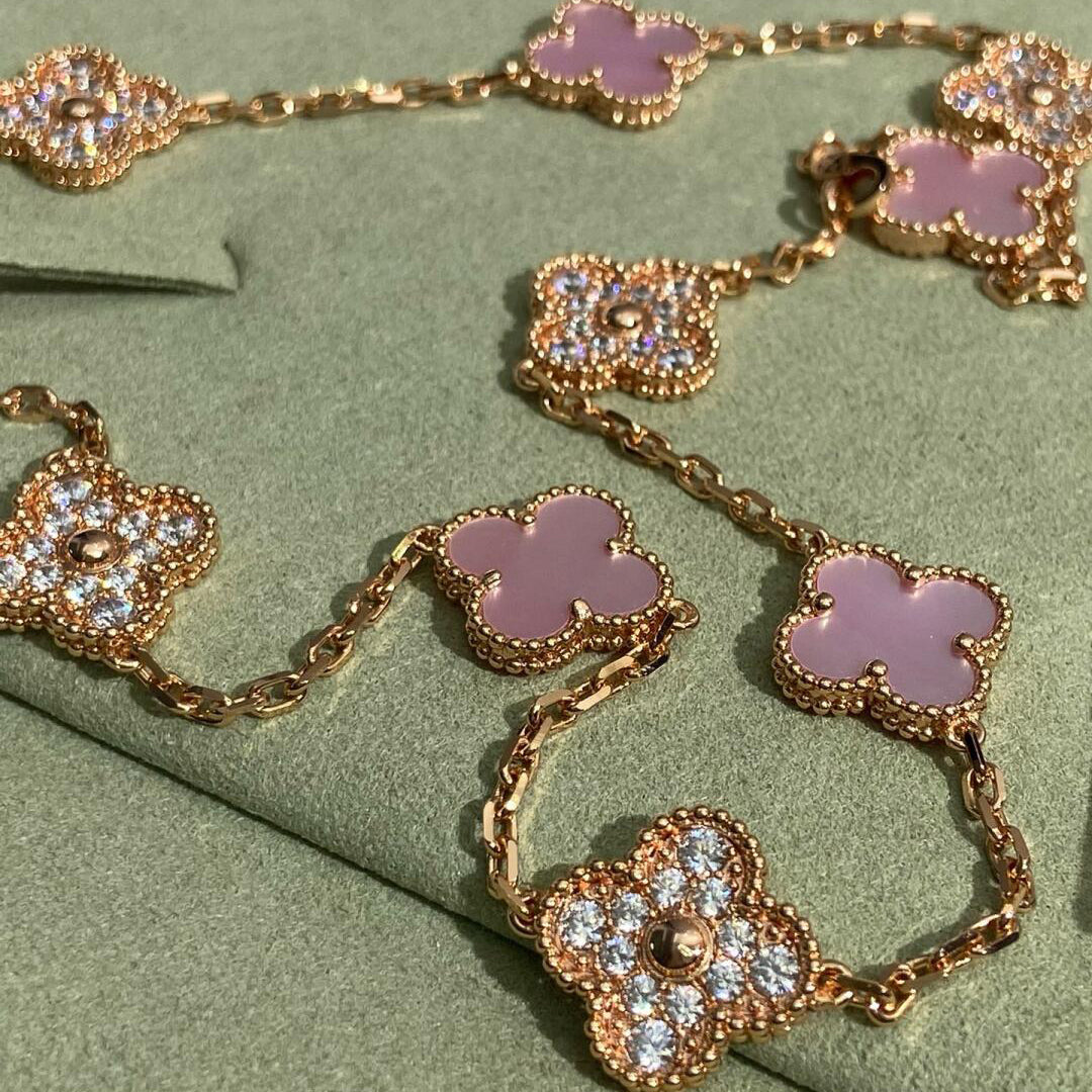 [Am jewelry]CLOVER 10 MOTIFS DIAMOND PINK MOP NECKLACE