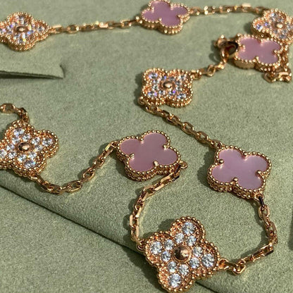 [Am jewelry]CLOVER 10 MOTIFS DIAMOND PINK MOP NECKLACE