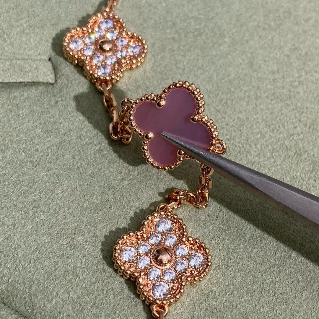 [Am jewelry]CLOVER 10 MOTIFS DIAMOND PINK MOP NECKLACE