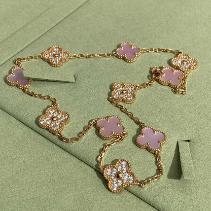 [Am jewelry]CLOVER 10 MOTIFS DIAMOND PINK MOP NECKLACE