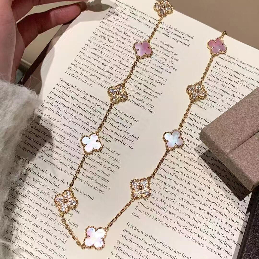 [Am jewelry]CLOVER 10 MOTIFS DIAMOND PINK MOP NECKLACE