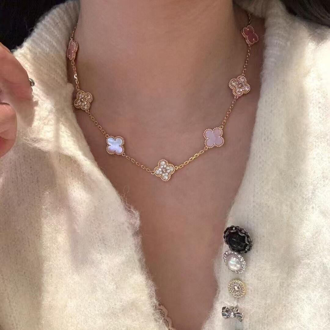 [Am jewelry]CLOVER 10 MOTIFS DIAMOND PINK MOP NECKLACE