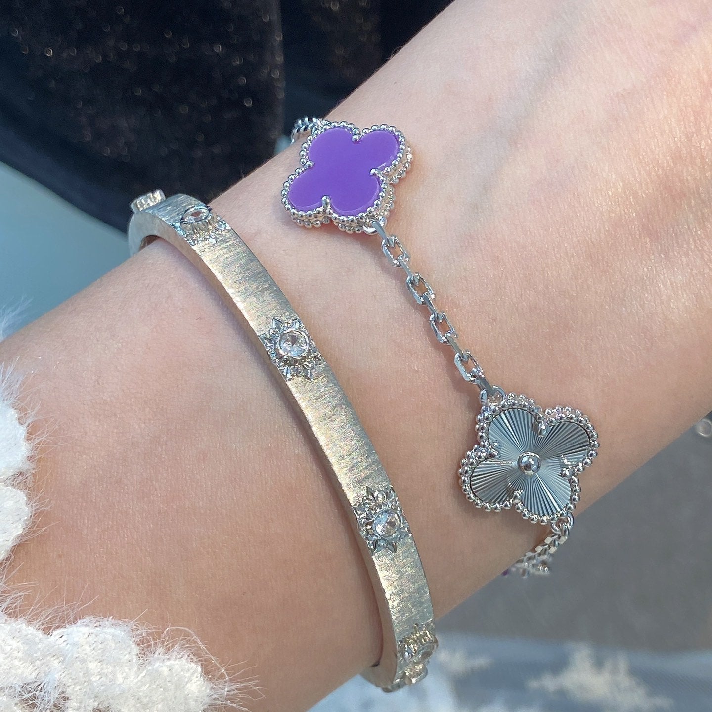 [Am jewelry]CLOVER  5 MOTIFS  PURPLE VIOLET BRACELET SILVER