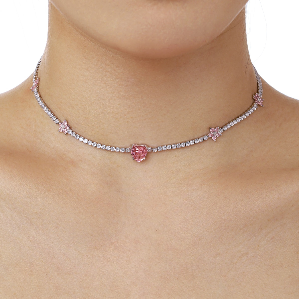 [Am jewelry]Dazzling Pink Heart Flower Necklace