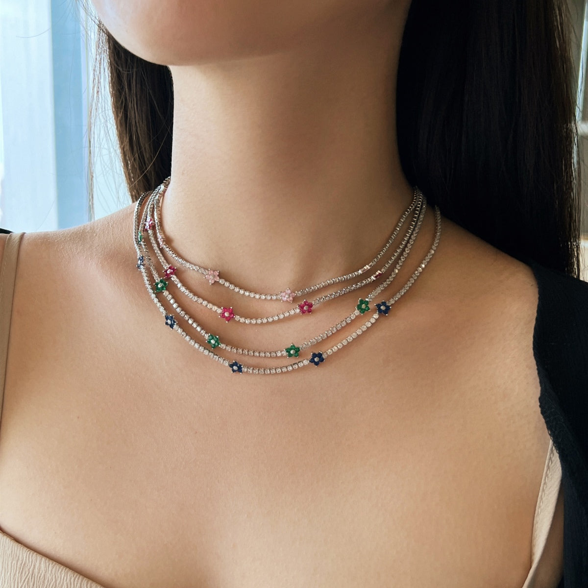 [Am jewelry]Luxurious Colorful Flower Tennis Necklace