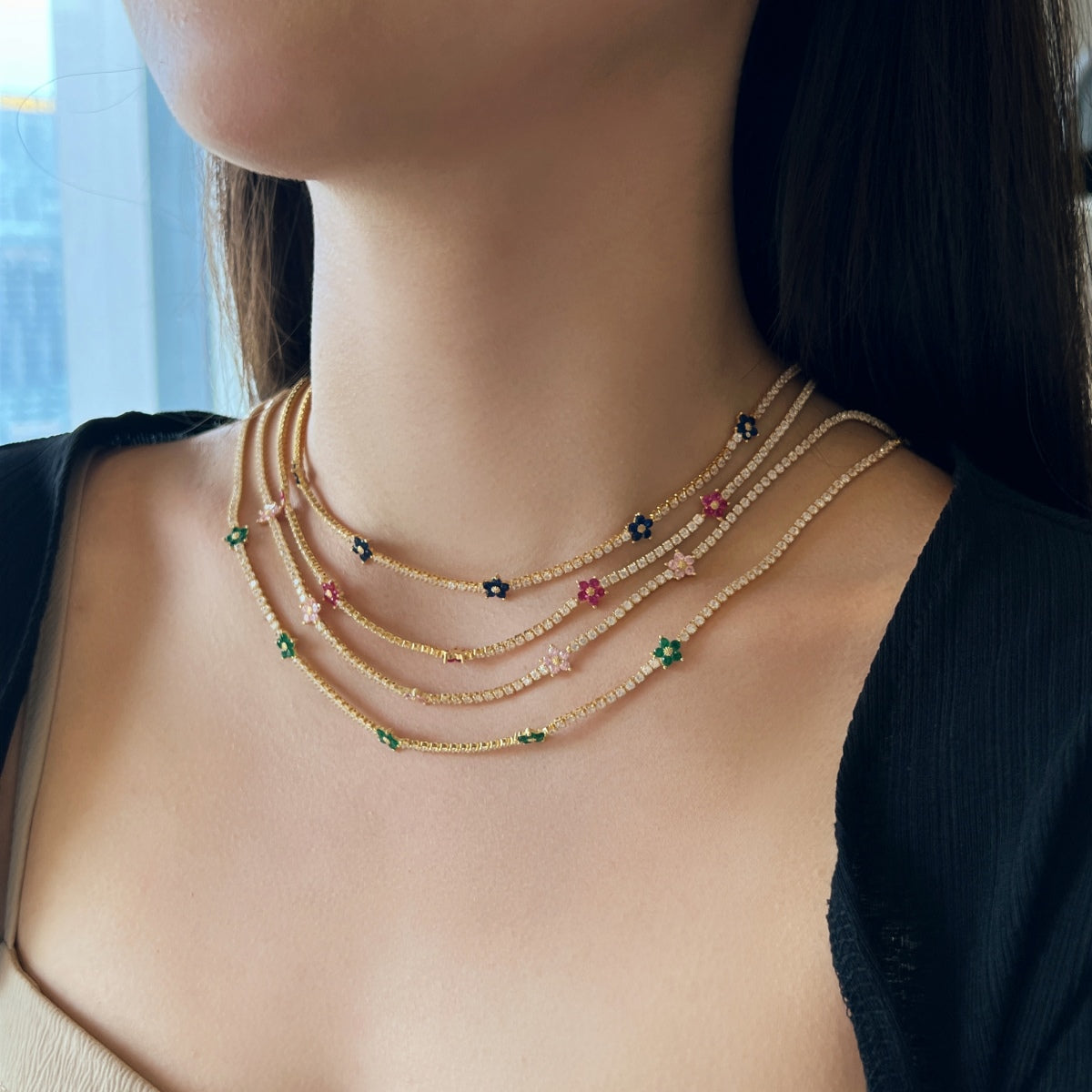 [Am jewelry]Luxurious Colorful Flower Tennis Necklace