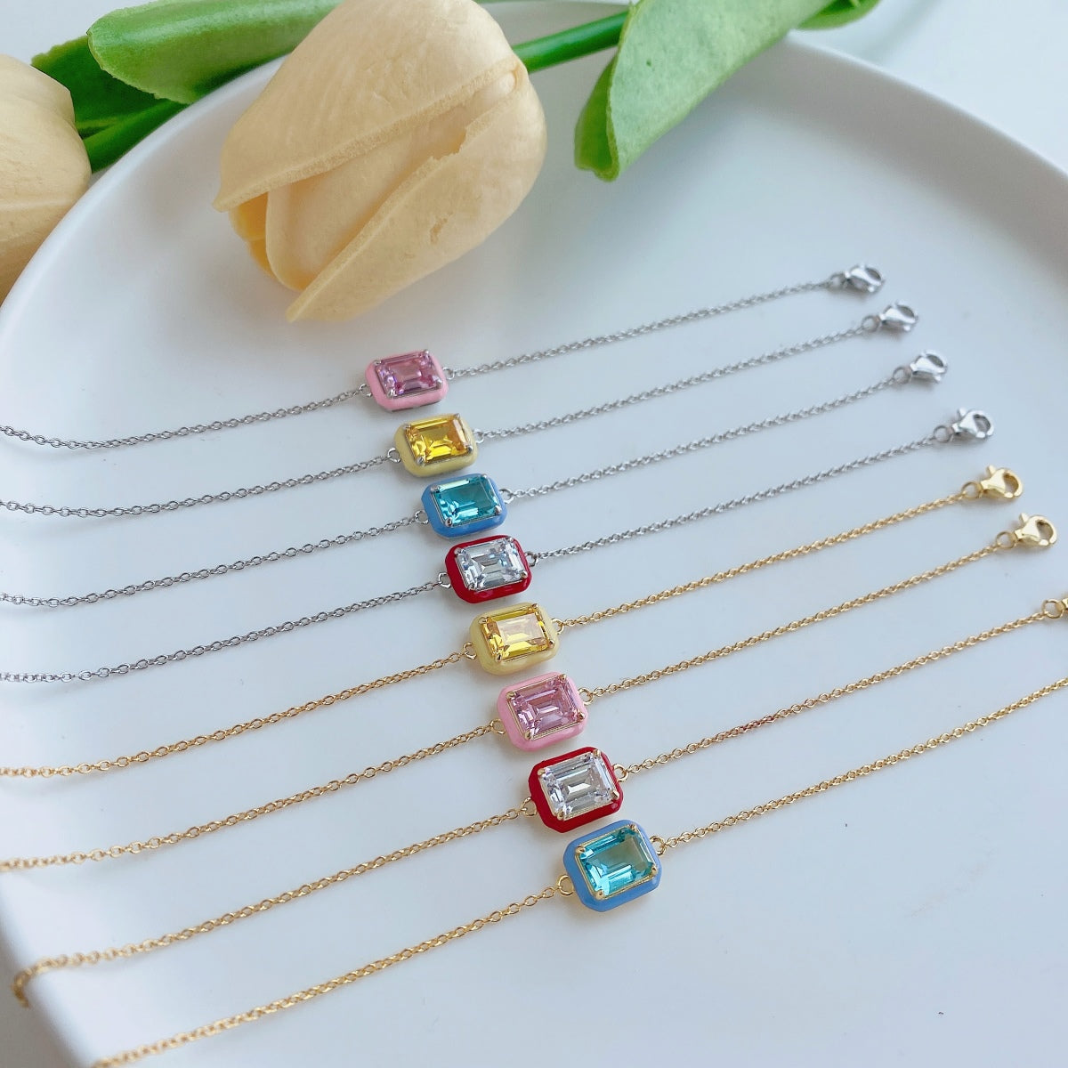 [Am jewelry]2.0 Carat Sparkling Colorful Emerald Cut Daily Bracelet