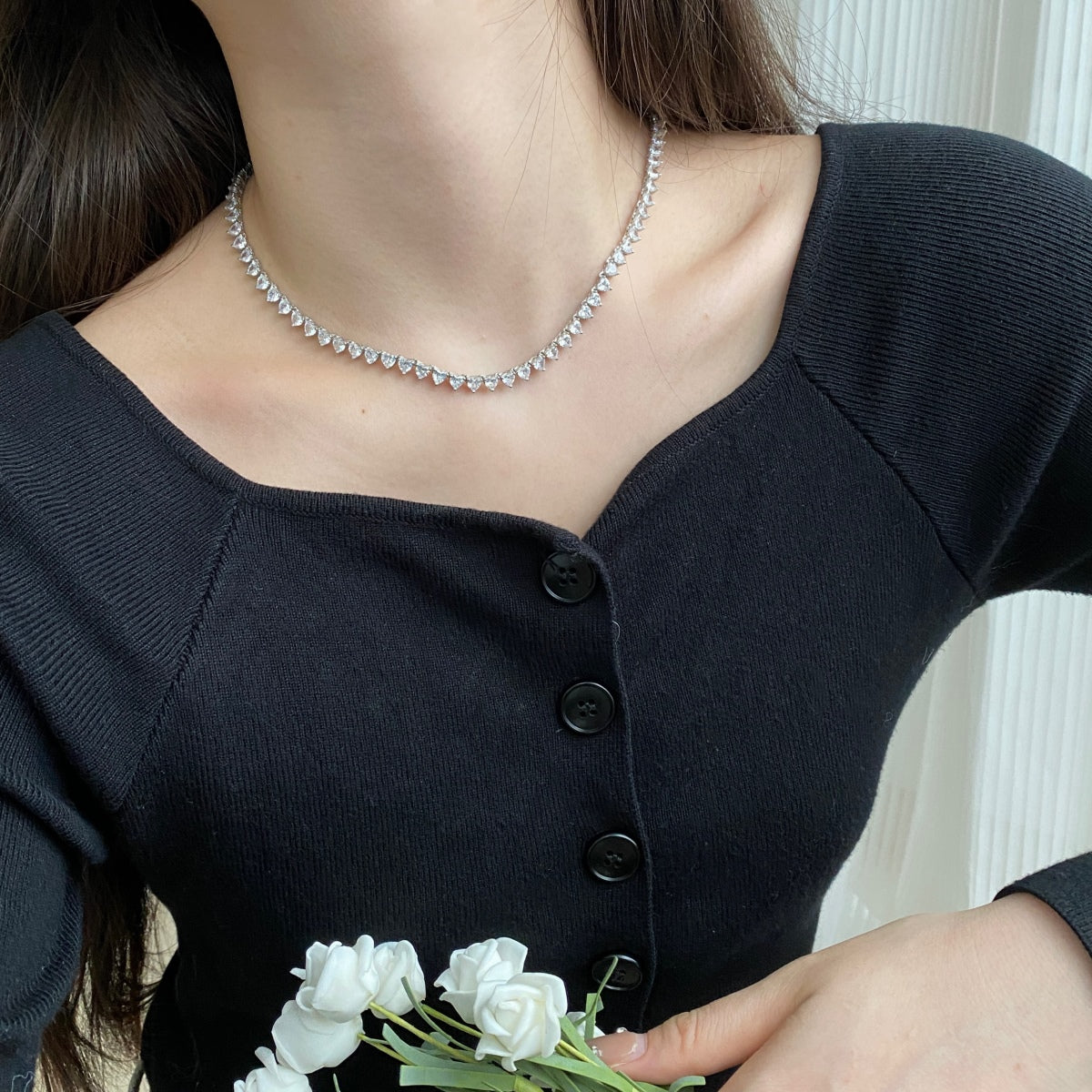 [Am jewelry]Ornate Heart Cut Tennis Necklace