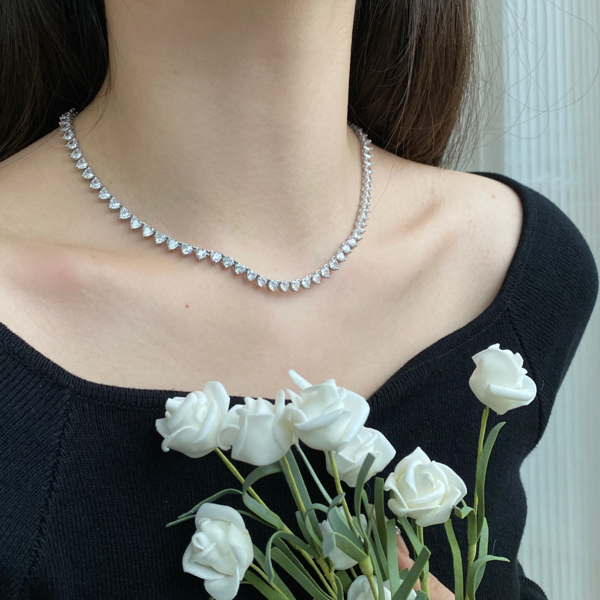 [Am jewelry]Ornate Heart Cut Tennis Necklace