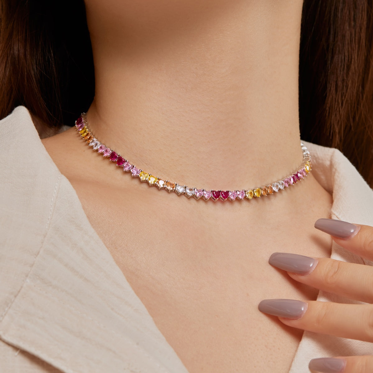 [Am jewelry]Sparkling Colorful Full Heart Tennis Necklace