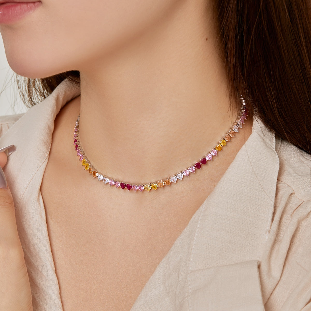 [Am jewelry]Sparkling Colorful Full Heart Tennis Necklace