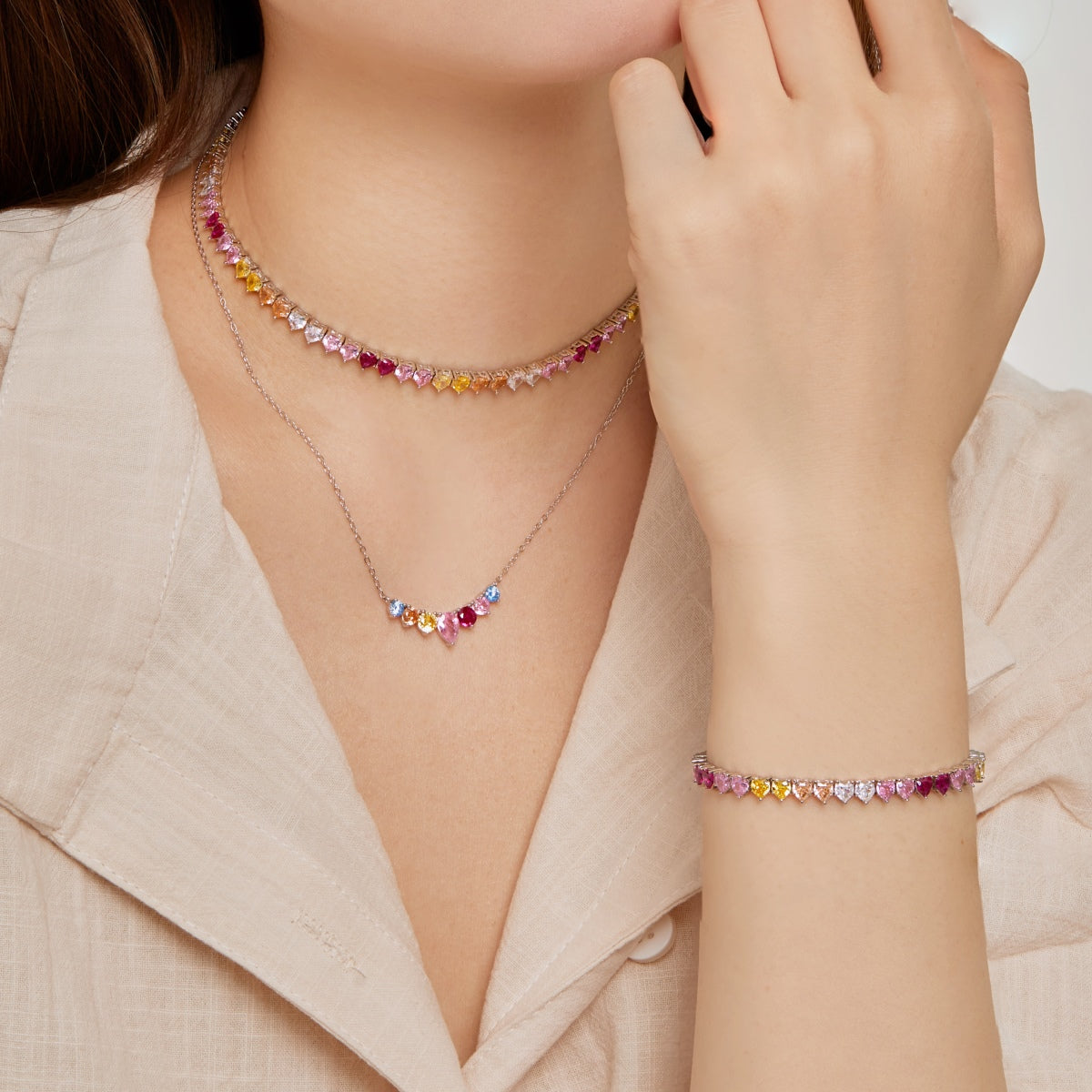[Am jewelry]Sparkling Colorful Full Heart Tennis Necklace