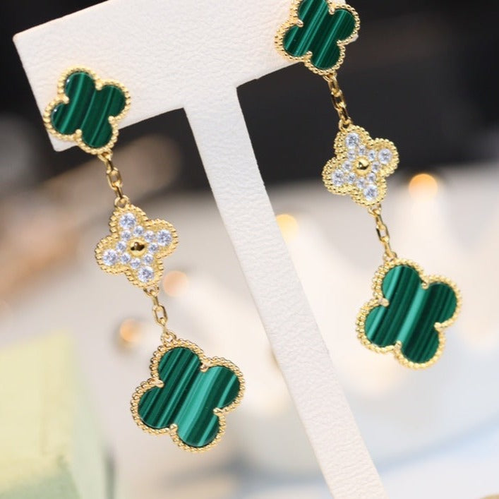 [Am jewelry]CLOVER EARRINGS GOLD MALACHITE DIAMOND 3 MOTIF