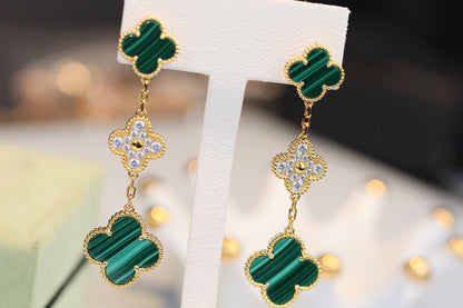 [Am jewelry]CLOVER EARRINGS GOLD MALACHITE DIAMOND 3 MOTIF