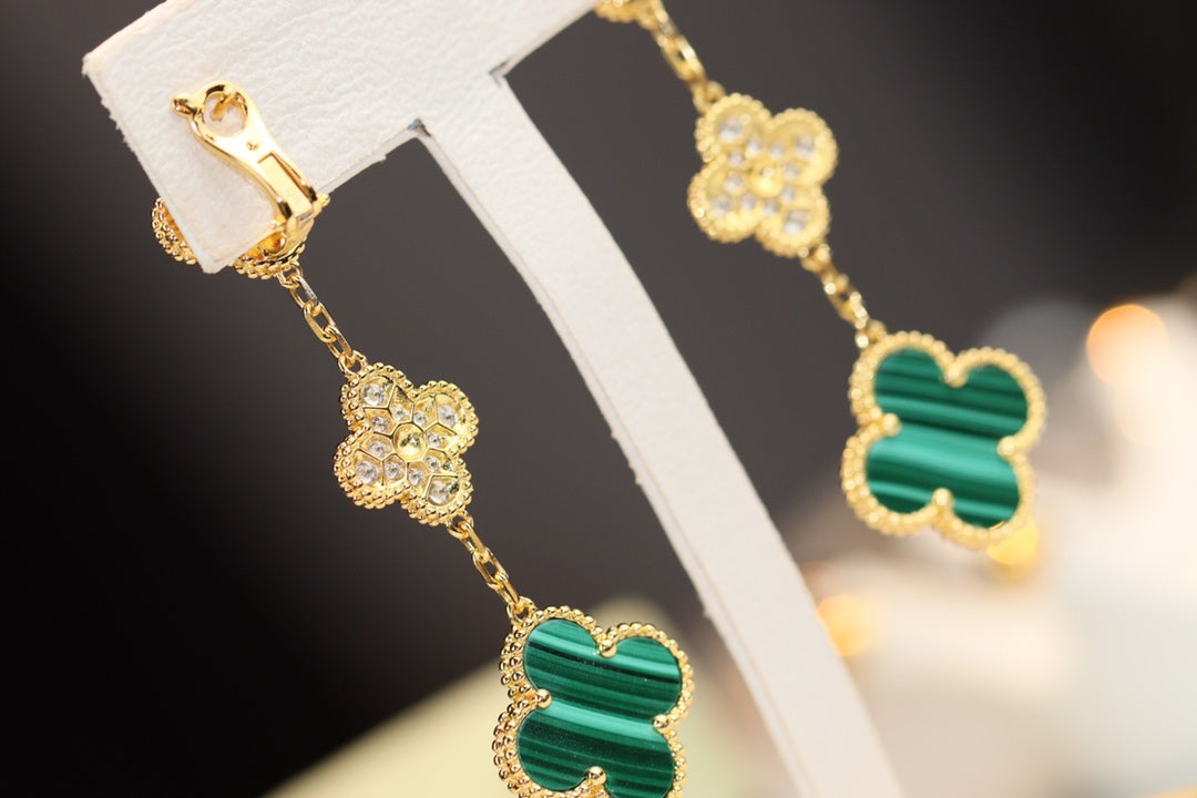 [Am jewelry]CLOVER EARRINGS GOLD MALACHITE DIAMOND 3 MOTIF
