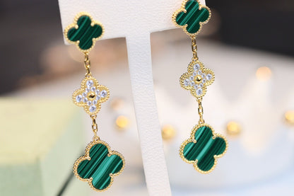 [Am jewelry]CLOVER EARRINGS GOLD MALACHITE DIAMOND 3 MOTIF