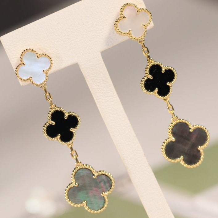 [Am jewelry]CLOVER EARRINGS GOLD ONYX MOP 3 MOTIF