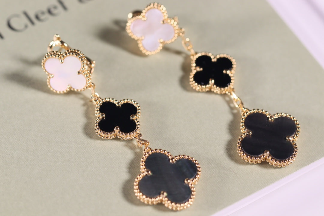 [Am jewelry]CLOVER EARRINGS GOLD ONYX MOP 3 MOTIF