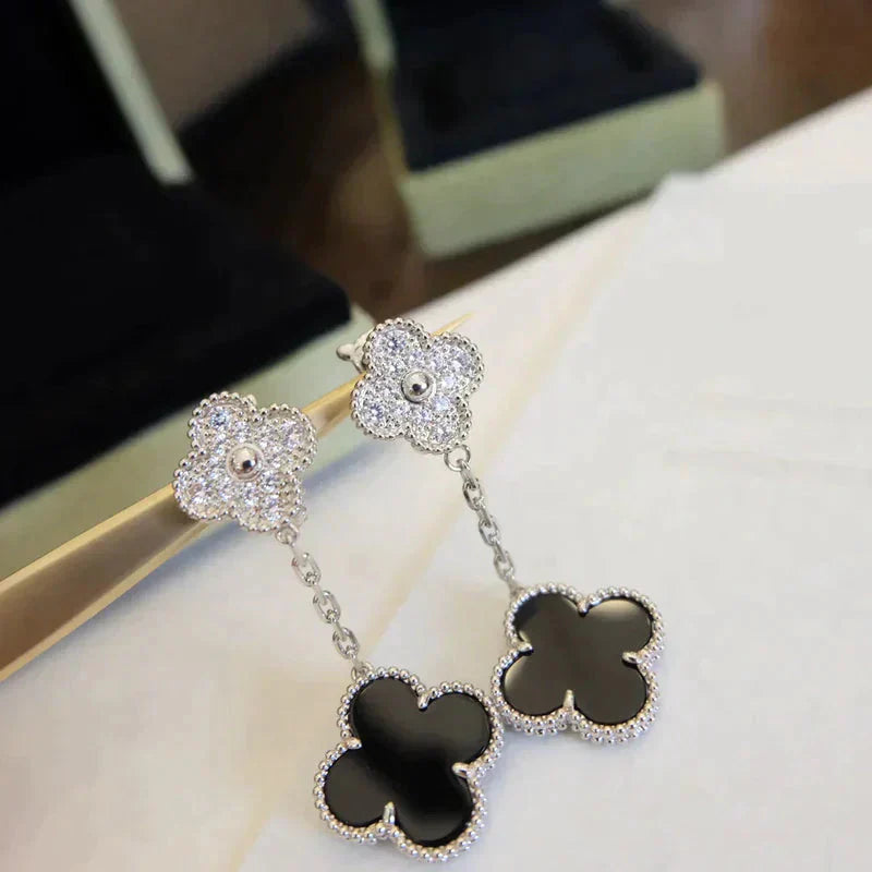 [Am jewelry]CLOVER 2 MOTIFS  DIAMOND ONYX EARRINGS SILVER