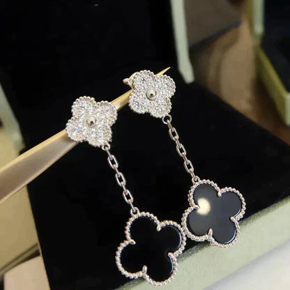 [Am jewelry]CLOVER 2 MOTIFS  DIAMOND ONYX EARRINGS SILVER