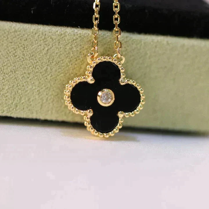 [Am jewelry]CLOVER 15MM DIAMOND ONYX NECKLACE
