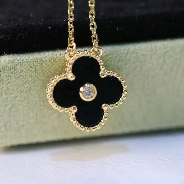 [Am jewelry]CLOVER 15MM DIAMOND ONYX NECKLACE
