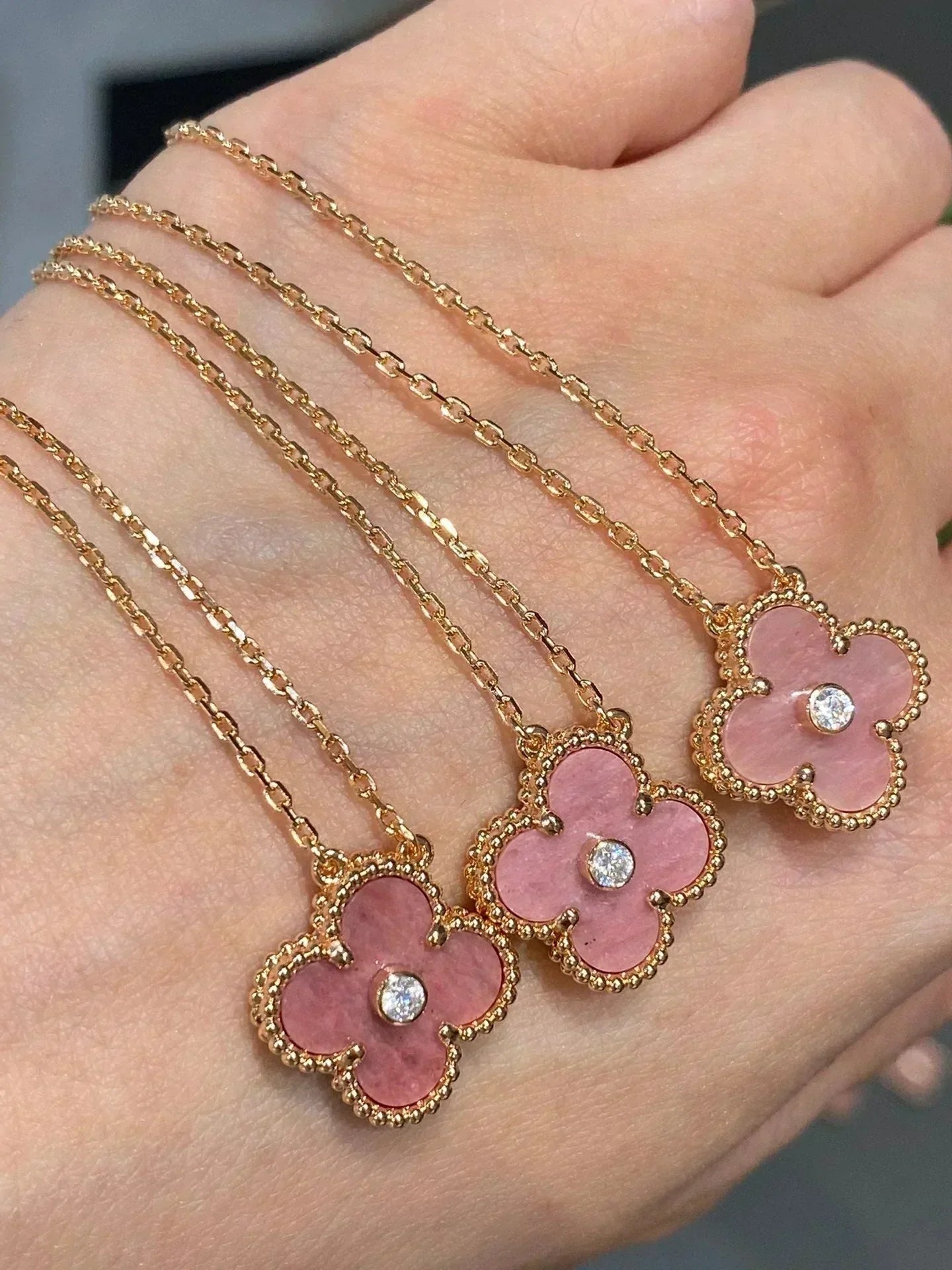 [Am jewelry]CLOVER 15MM DIAMOND RHODONITE NECKLACE