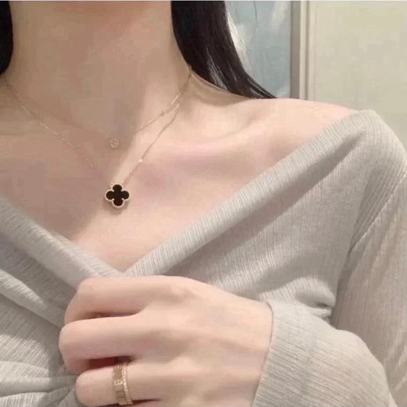 [Am jewelry]CLOVER 15MM BLACK ONYX SINGLE FLOWER NECKLACE