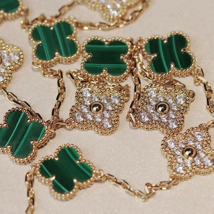 [Am jewelry]CLOVER 20 MOTIFS MALACHITE DIAMOND NECKLACE
