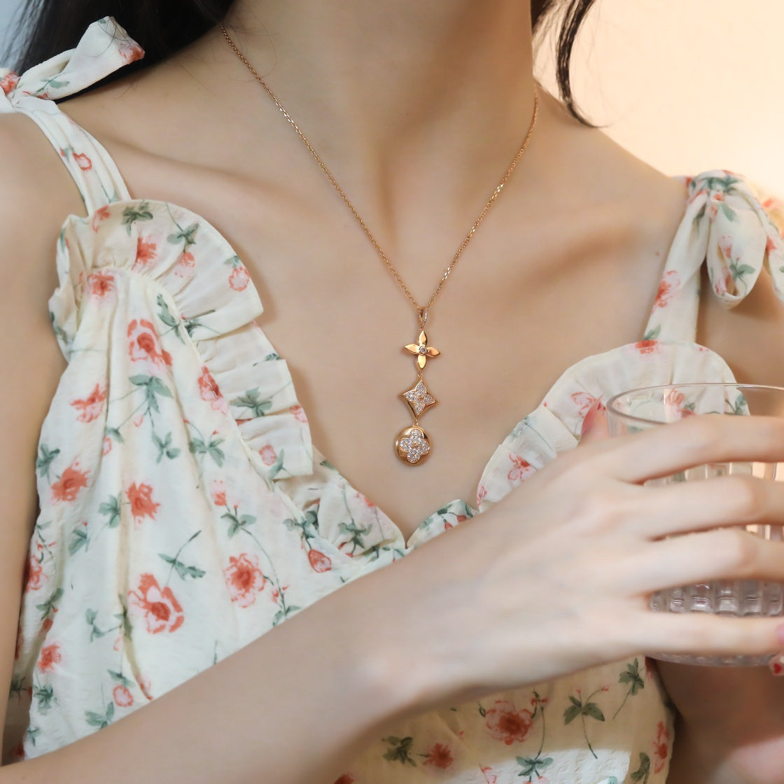 [Am jewelry]STAR AND SUN DIAMOND PINK GOLD NECKLACE
