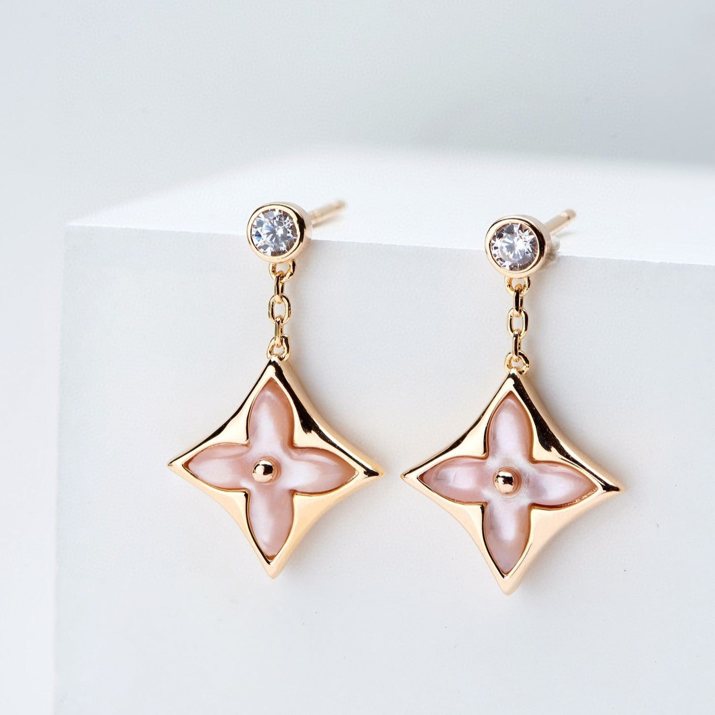 [Am jewelry]DOUBLE STAR PINK GOLD MOP DROP EARRINGS