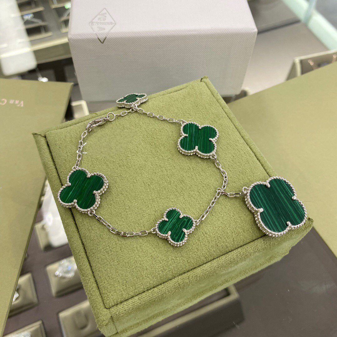 [Am jewelry]CLOVER 5 MOTIFS SIVLER MALACHITE BRACELET