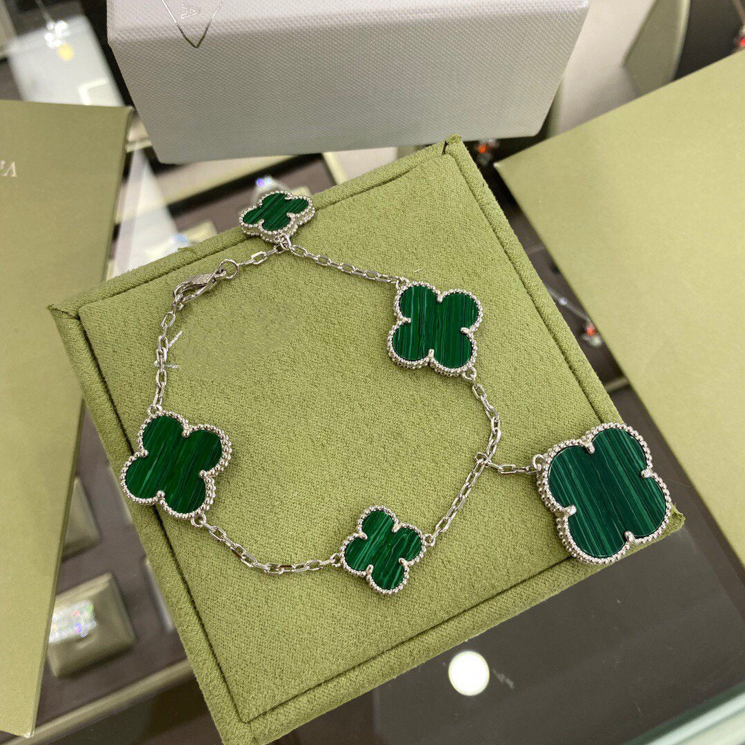 [Am jewelry]CLOVER 5 MOTIFS SIVLER MALACHITE BRACELET