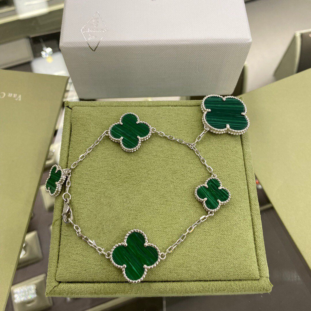 [Am jewelry]CLOVER 5 MOTIFS SIVLER MALACHITE BRACELET