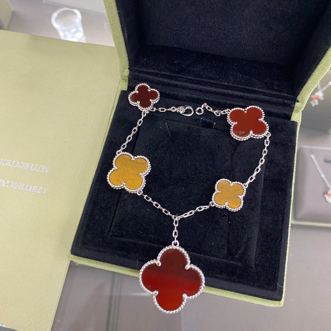 [Am jewelry]CLOVER 5 MOTIFS SIVLER CARNELIAN TIGER EYE BRACELET
