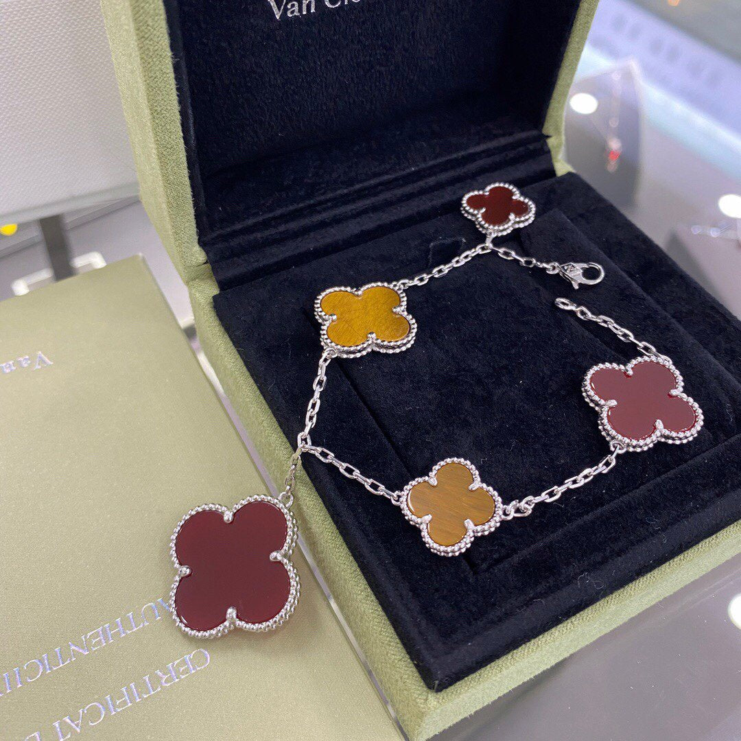 [Am jewelry]CLOVER 5 MOTIFS SIVLER CARNELIAN TIGER EYE BRACELET