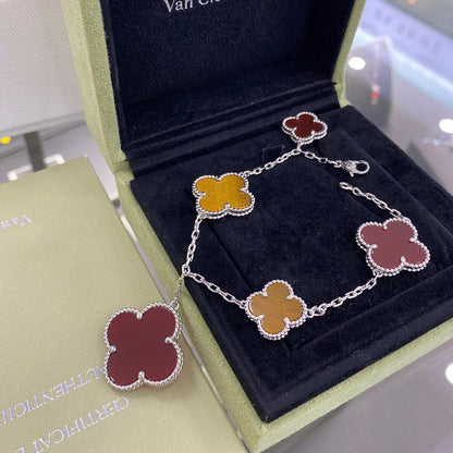 [Am jewelry]CLOVER 5 MOTIFS SIVLER CARNELIAN TIGER EYE BRACELET