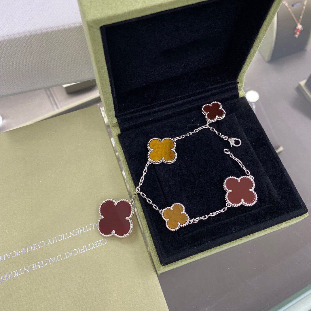 [Am jewelry]CLOVER 5 MOTIFS SIVLER CARNELIAN TIGER EYE BRACELET