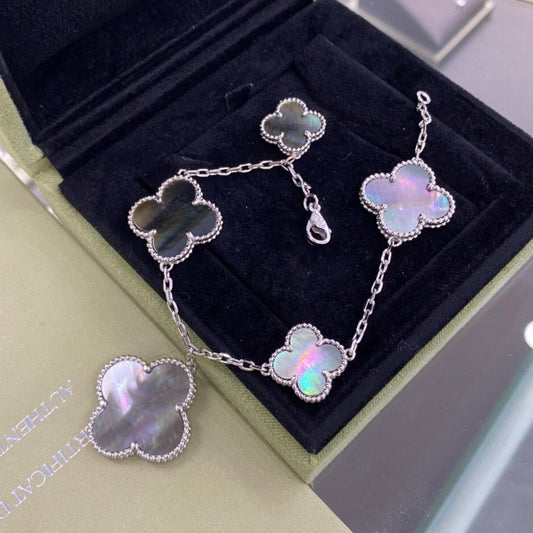 [Am jewelry]CLOVER 5 MOTIFS SIVLER DARK MOP BRACELET