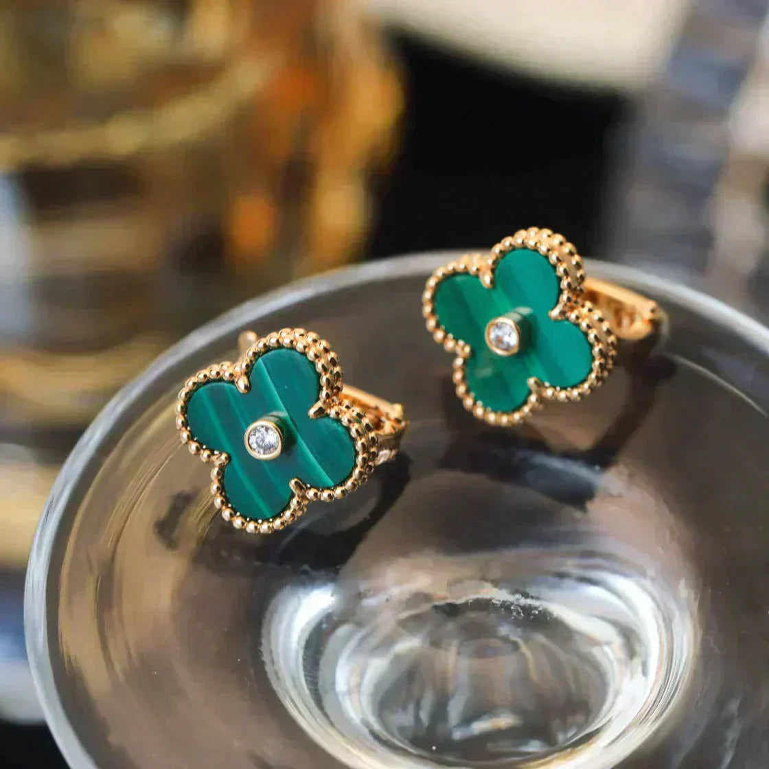 [Am jewelry]CLOVER MEDIUM 1 MOTIFS MALACHITE DIAMOND EARRINGS