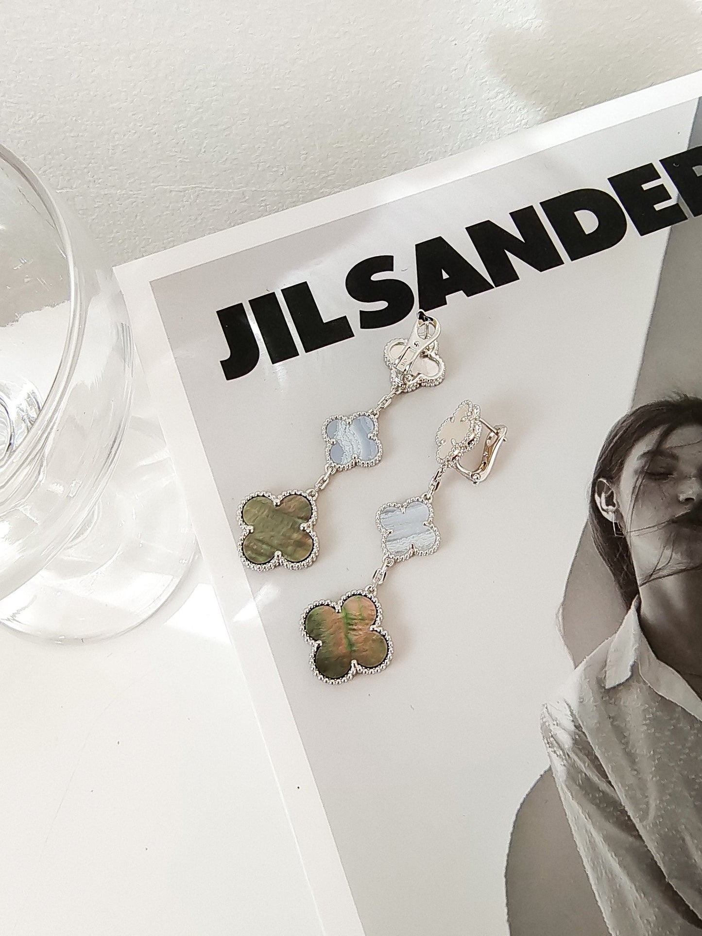 [Am jewelry]CLOVER 3 MOTIFS CHALCEDONY DARK MOP SILVER EARRINGS
