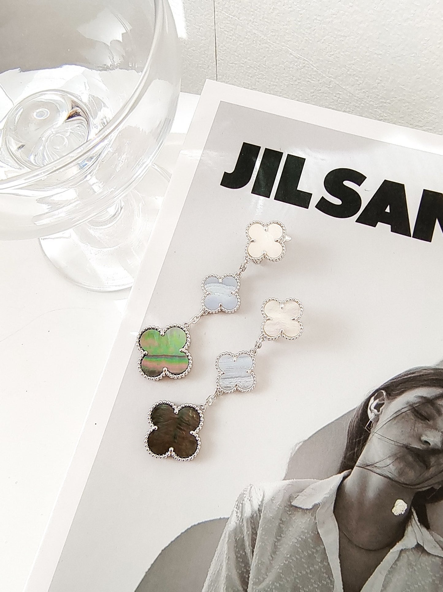 [Am jewelry]CLOVER 3 MOTIFS CHALCEDONY DARK MOP SILVER EARRINGS