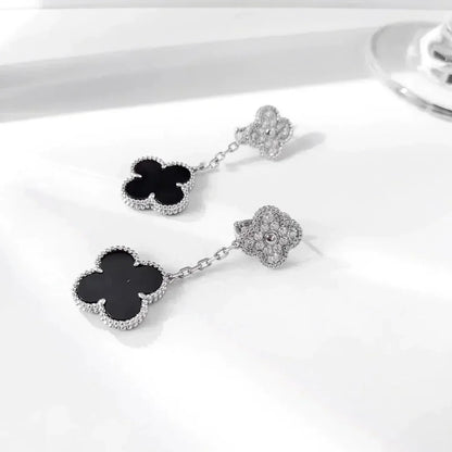 [Am jewelry]CLOVER 2 MOTIFS  DIAMOND ONYX EARRINGS SILVER