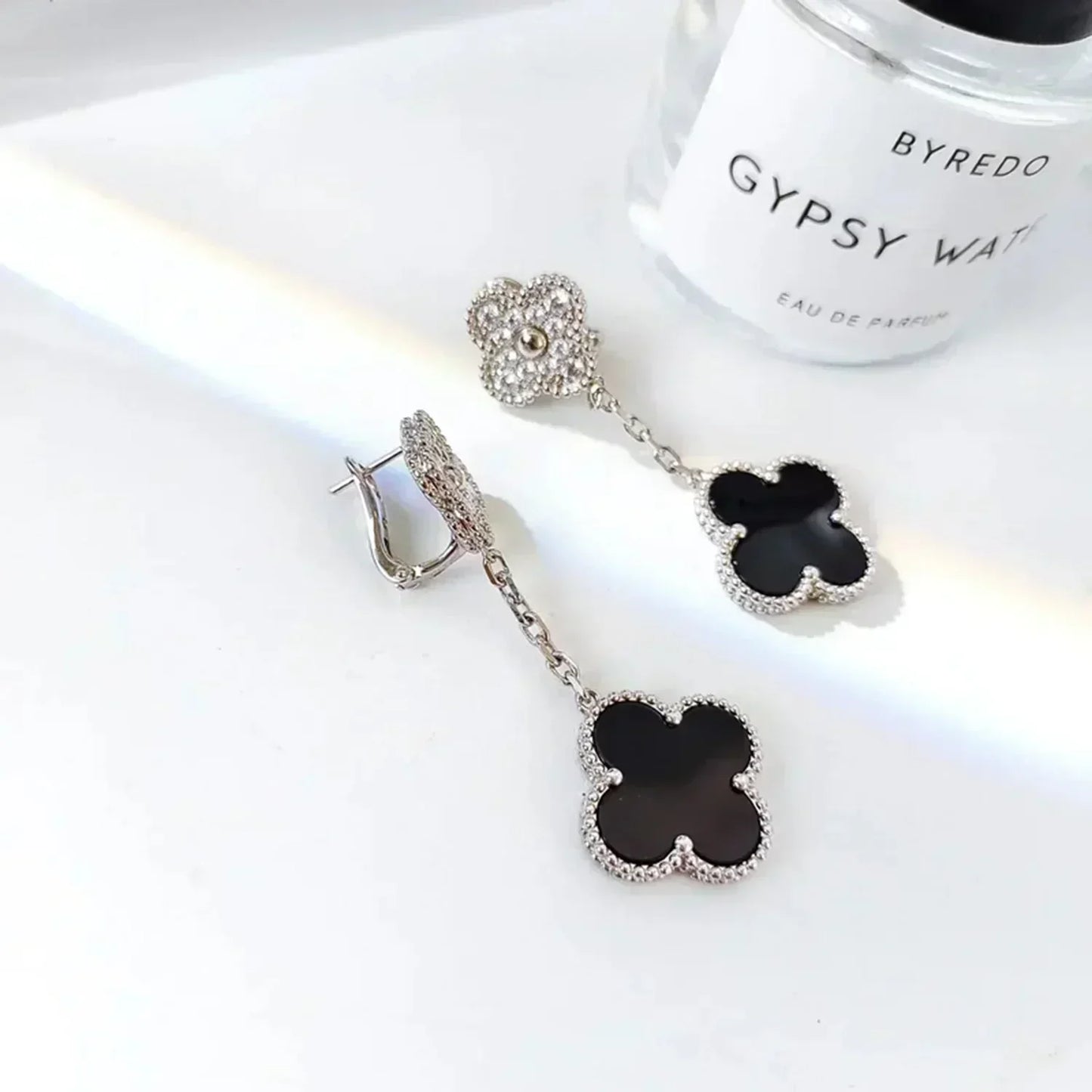 [Am jewelry]CLOVER 2 MOTIFS  DIAMOND ONYX EARRINGS SILVER
