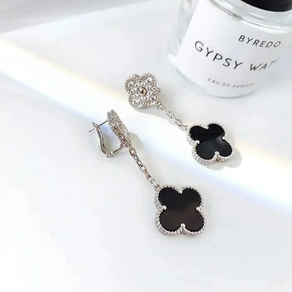[Am jewelry]CLOVER 2 MOTIFS  DIAMOND ONYX EARRINGS SILVER