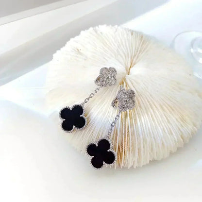 [Am jewelry]CLOVER 2 MOTIFS  DIAMOND ONYX EARRINGS SILVER