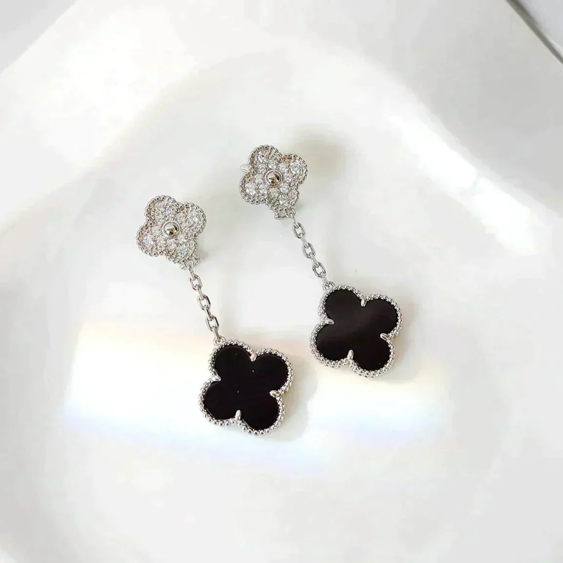 [Am jewelry]CLOVER 2 MOTIFS  DIAMOND ONYX EARRINGS SILVER